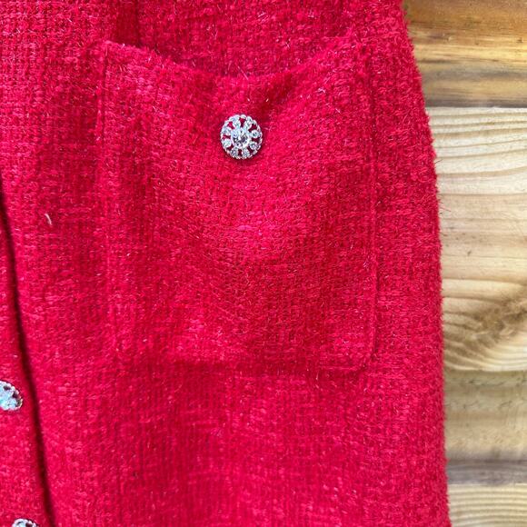 NWT Taylor Red Shimmer Tweed Holiday Dress Size 8 Gem Button Detail & Pockets - Picture 6 of 11